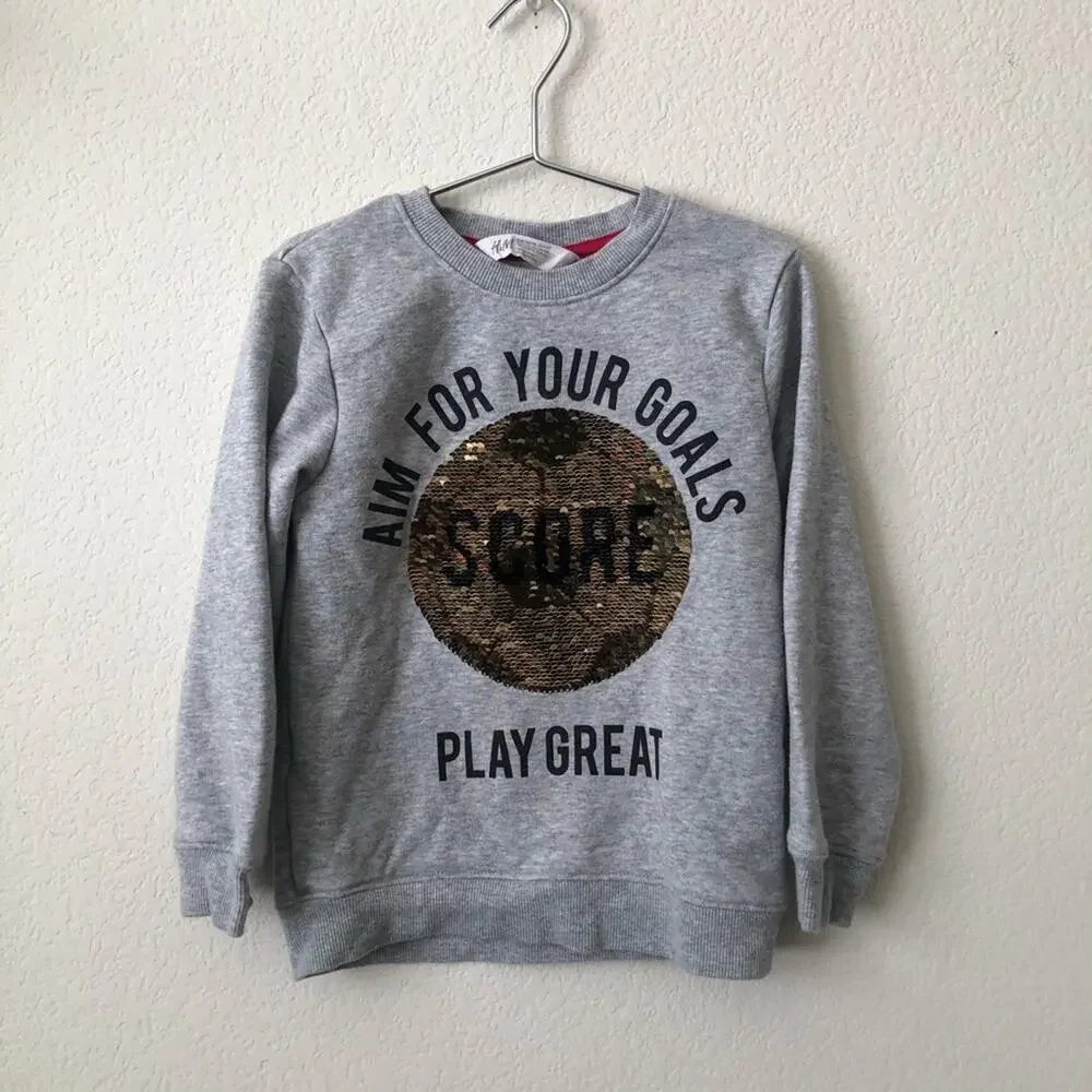 H&M Reversible Sequin Gray Sweatshirt Soccer Score Aim For Your Goals Play Great